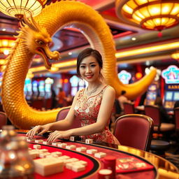 A vibrant scene set in a luxurious casino featuring a beautiful Asian woman dressed in an elegant, traditional dress that exudes glamour and allure