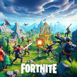 A dynamic scene inspired by Fortnite, featuring an intense battle between colorful cartoonish characters with diverse outfits, set in a vibrant, action-packed landscape filled with various biomes