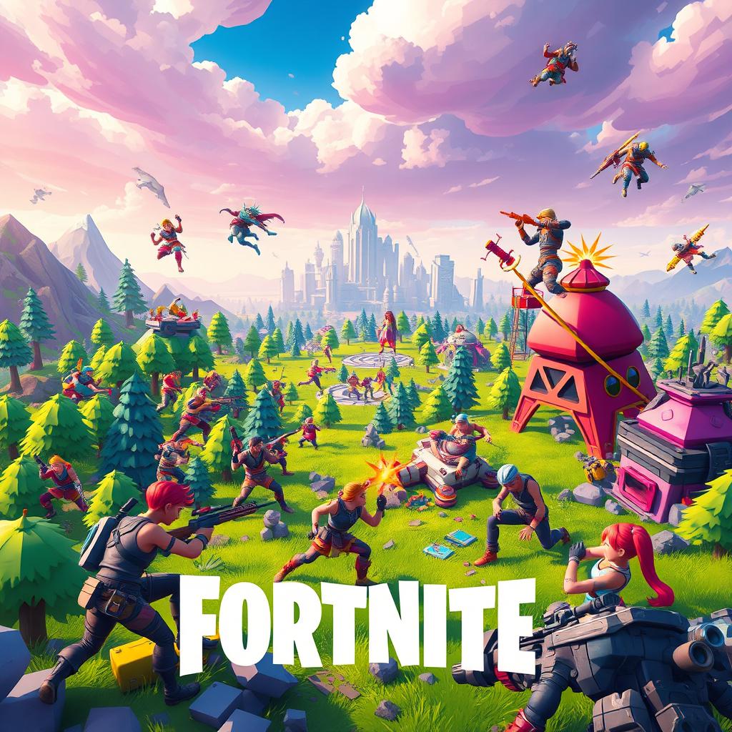 A dynamic scene inspired by Fortnite, featuring an intense battle between colorful cartoonish characters with diverse outfits, set in a vibrant, action-packed landscape filled with various biomes