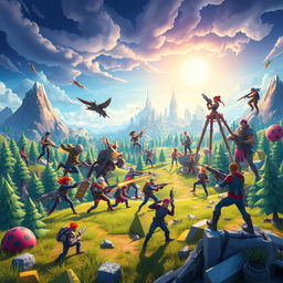 A dynamic scene inspired by Fortnite, featuring an intense battle between colorful cartoonish characters with diverse outfits, set in a vibrant, action-packed landscape filled with various biomes