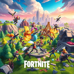 A dynamic scene inspired by Fortnite, featuring an intense battle between colorful cartoonish characters with diverse outfits, set in a vibrant, action-packed landscape filled with various biomes