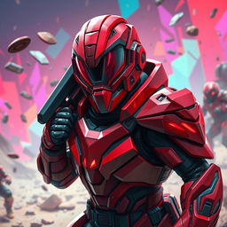 A dynamic and engaging scene featuring a bold red character inspired by video game aesthetics, with a modern and edgy design