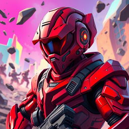 A dynamic and engaging scene featuring a bold red character inspired by video game aesthetics, with a modern and edgy design