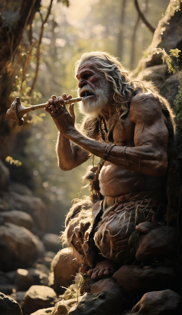 A Neanderthal caveman playing a bone flute in an ancient forest bathed in morning light.