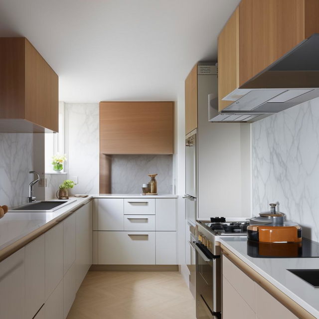 A modern, small-sized kitchen interior designed to give a spacious appearance