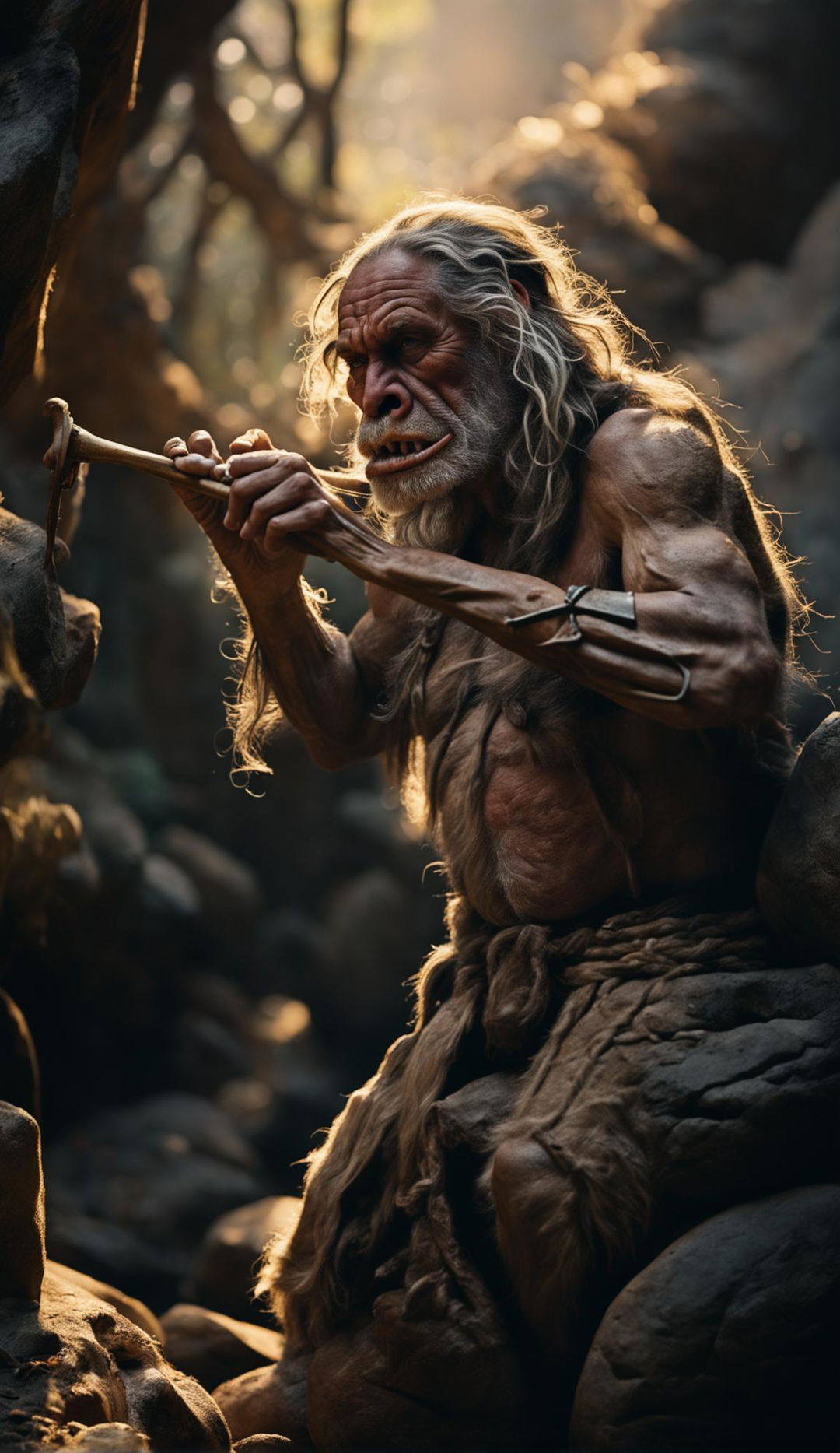 A Neanderthal caveman playing a bone flute in an ancient forest bathed in morning light.