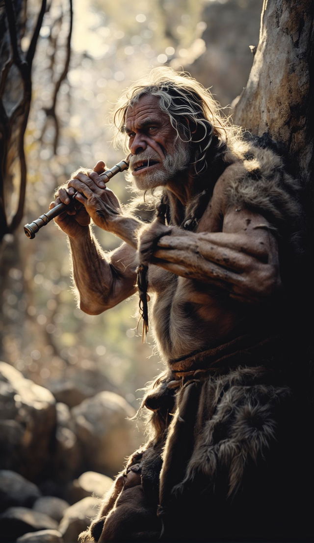 A Neanderthal caveman plays a bone flute in an ancient forest bathed in morning light.