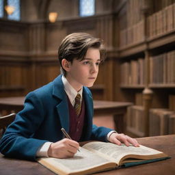 High-definition image of a 12-year-old brunette boy with a side profile, in Hogwarts Castle library, looking at his astrology homework in confusion. Surrounding him are wrackspurts flying about. Visualize this in the style of the movie 'Fantastic Beasts and Where to Find Them'.