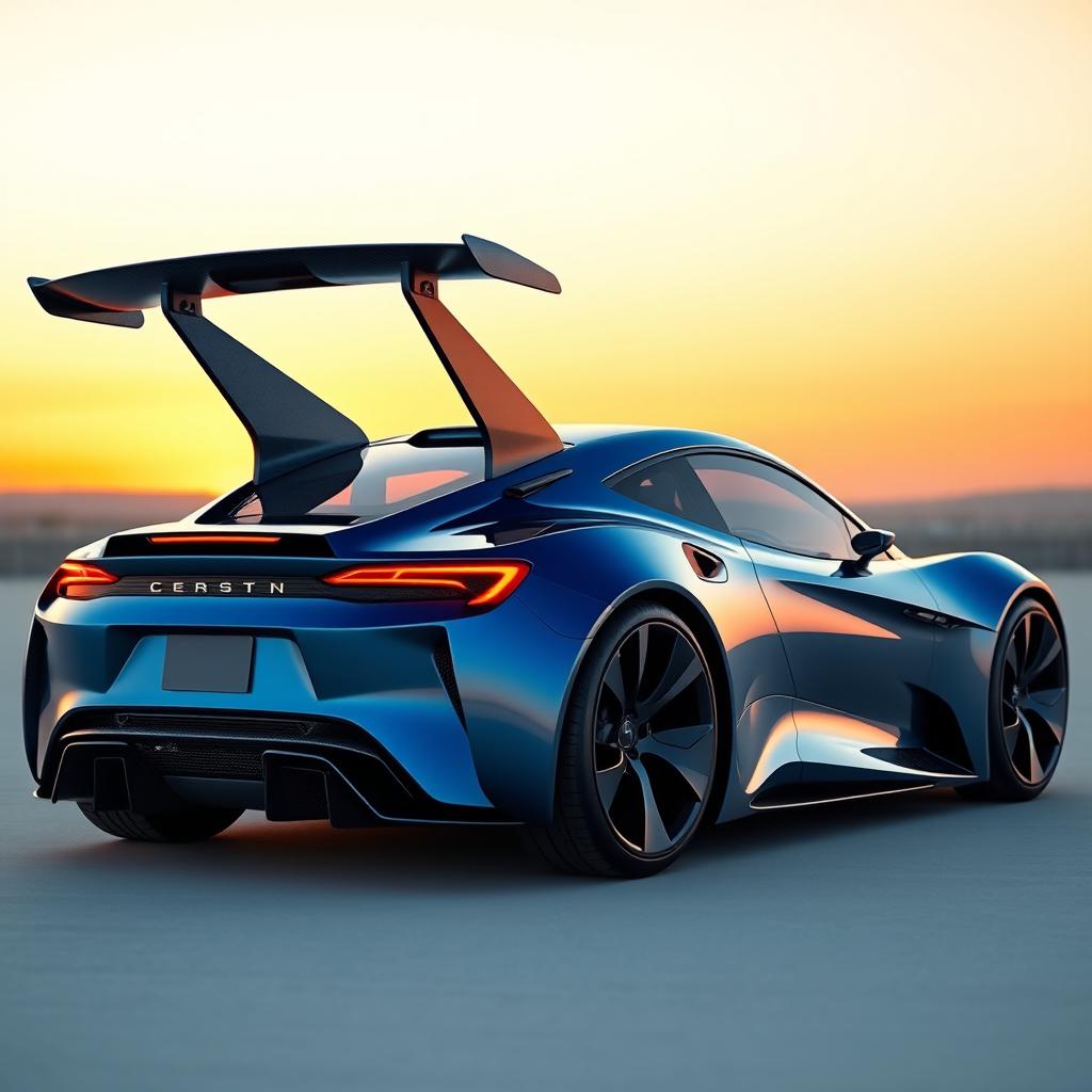 A futuristic two-door sports car with an automatic rear wing and dynamic air flags made of carbon fiber