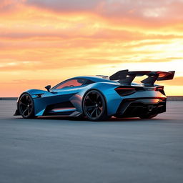 A futuristic two-door sports car with an automatic rear wing and dynamic air flags made of carbon fiber