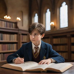 High-definition image of a 12-year-old brunette boy with a side profile, in Hogwarts Castle library, looking at his astrology homework in confusion. Surrounding him are wrackspurts flying about. Visualize this in the style of the movie 'Fantastic Beasts and Where to Find Them'.