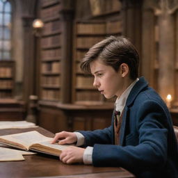 High-definition image of a 12-year-old brunette boy with a side profile, in Hogwarts Castle library, looking at his astrology homework in confusion. Surrounding him are wrackspurts flying about. Visualize this in the style of the movie 'Fantastic Beasts and Where to Find Them'.