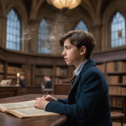 High-definition image of a 12-year-old brunette boy with a side profile, in Hogwarts Castle library, looking at his astrology homework in confusion. Surrounding him are wrackspurts flying about. Visualize this in the style of the movie 'Fantastic Beasts and Where to Find Them'.