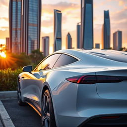 A sleek, white electric sports car parked beside a futuristic city skyline during sunset