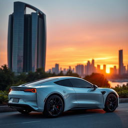 A sleek, white electric sports car parked beside a futuristic city skyline during sunset