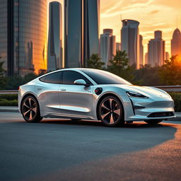 A sleek, white electric sports car parked beside a futuristic city skyline during sunset