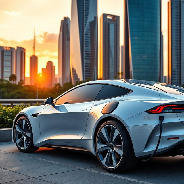 A sleek, white electric sports car parked beside a futuristic city skyline during sunset