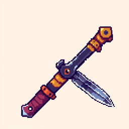 A detailed pixel art representation of a kunai, featuring sharp blades and a distinctive handle, rendered in a vibrant color palette