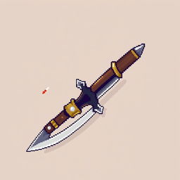 A detailed pixel art representation of a kunai, featuring sharp blades and a distinctive handle, rendered in a vibrant color palette