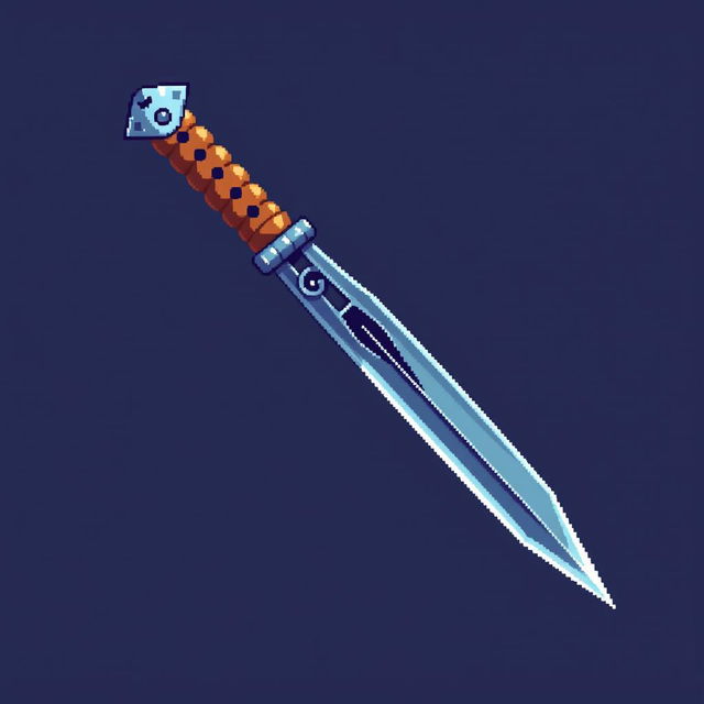 A detailed pixel art representation of a kunai, featuring sharp blades and a distinctive handle, rendered in a vibrant color palette