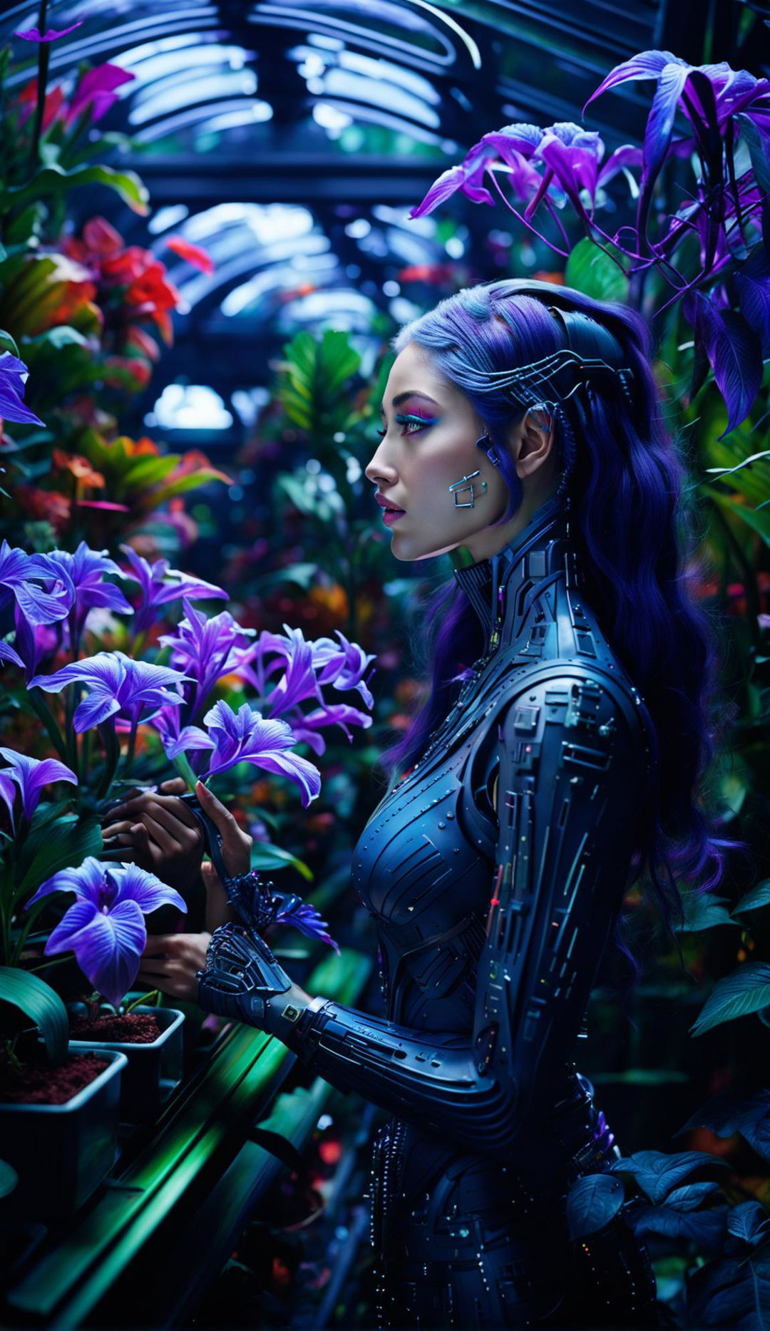 A classically beautiful techno-organic woman with vibrant purple hair and detailed turquoise eyes in a greenhouse filled with vibrant exotic plants under UV lights.