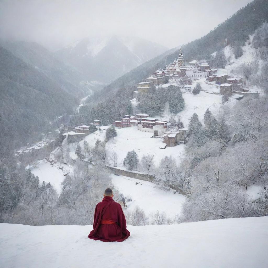 A serene scene highlighting 'Silence and Patience'. Show a tranquil monastery situated on snowy hills where a solitary monk sits in peaceful meditation, exemplifying patience and silence.