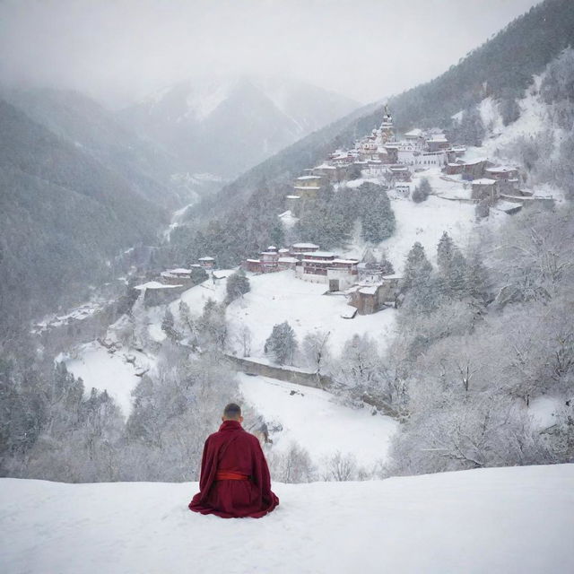 A serene scene highlighting 'Silence and Patience'. Show a tranquil monastery situated on snowy hills where a solitary monk sits in peaceful meditation, exemplifying patience and silence.