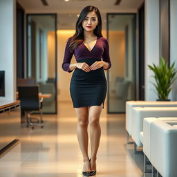 An Asian secretary with a full body figure, showcasing her 38 FF bust, wearing a very short and sexy skirt that accentuates her curves