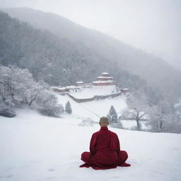 A serene scene highlighting 'Silence and Patience'. Show a tranquil monastery situated on snowy hills where a solitary monk sits in peaceful meditation, exemplifying patience and silence.