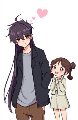 A tall boy with long hair styled in a Haku hairstyle, covering his face slightly, standing in a stylish pose