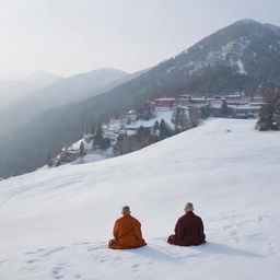 A serene scene highlighting 'Silence and Patience'. Show a tranquil monastery situated on snowy hills where a solitary monk sits in peaceful meditation, exemplifying patience and silence.