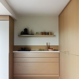 A modern, small-sized kitchen interior designed to give a spacious appearance