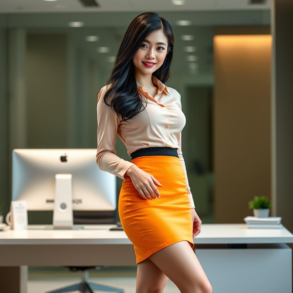 An attractive Asian secretary, full body shot, confidently standing in a modern office setting