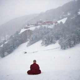 A serene scene highlighting 'Silence and Patience'. Show a tranquil monastery situated on snowy hills where a solitary monk sits in peaceful meditation, exemplifying patience and silence.