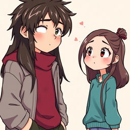 A tall boy with long, shaggy hair, partially covering his face, standing in a casual pose