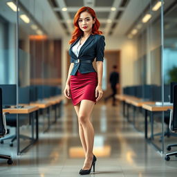 A stunning Asian secretary with vibrant red hair styled elegantly, showcasing her hourglass figure