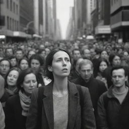 A poignant portrayal of indifference. A single figure, standing amidst a bustling city crowd, seems visibly detached and dispassionate, not reacting to the surrounding joy, sorrow, or hustle.