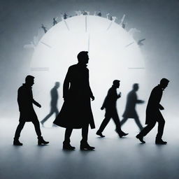 A symbolic representation of 'Indifference to Others'. Depict a figure surrounded by dynamic moving silhouettes, frozen in time, depicting their disregard and apathy towards the busy world around them.