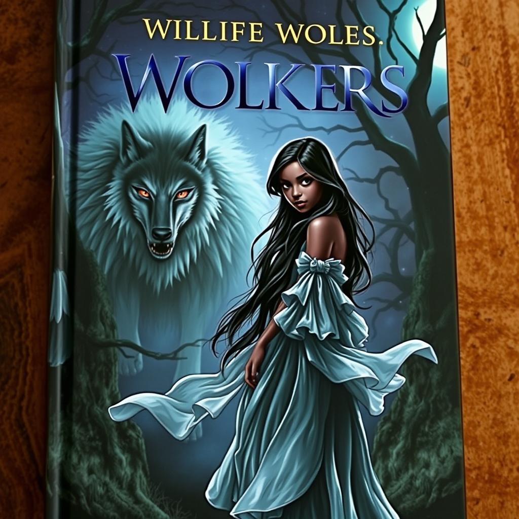 A captivating book cover featuring a mystical scene with a wolf-vampire hybrid lurking in a dark, enchanted forest