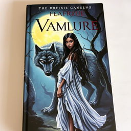 A captivating book cover featuring a mystical scene with a wolf-vampire hybrid lurking in a dark, enchanted forest