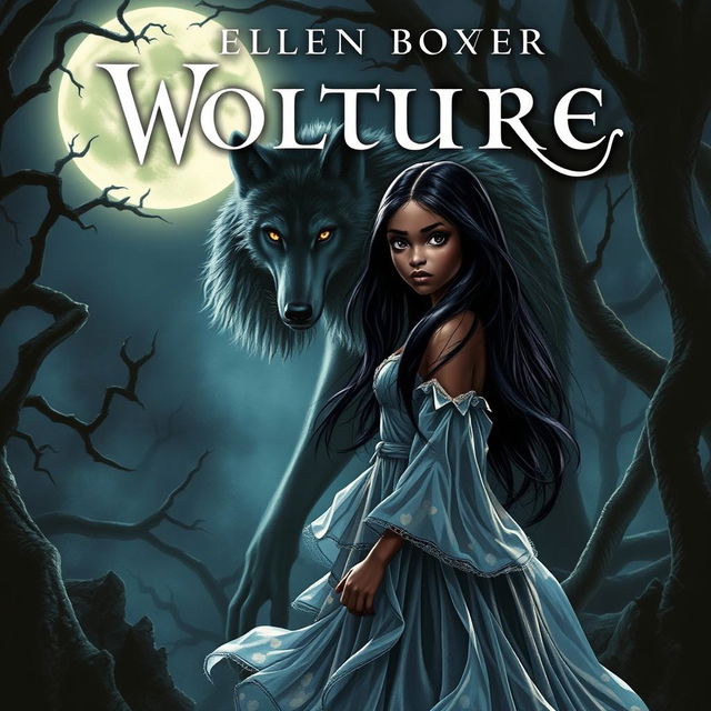 A captivating book cover featuring a mystical scene with a wolf-vampire hybrid lurking in a dark, enchanted forest