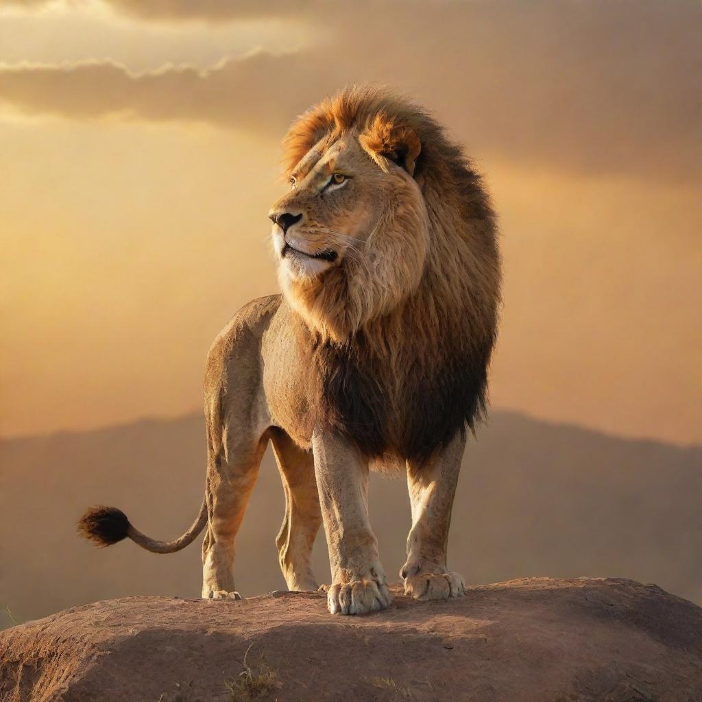 A majestic depiction of a lion, the 'King of the Jungle'. The lion stands regally atop a hill, overlooking its realm, radiating power and supremacy under the golden rays of the setting sun