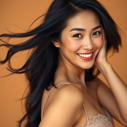 A beautifully detailed portrait of an Asian woman in her 40s, exuding confidence and allure