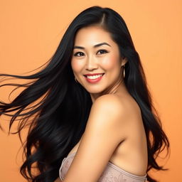 A beautifully detailed portrait of an Asian woman in her 40s, exuding confidence and allure