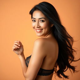A beautifully detailed portrait of an Asian woman in her 40s, exuding confidence and allure