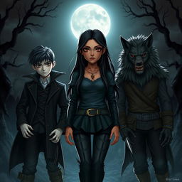 A striking scene featuring a girl with light brown skin and long, dark hair standing confidently in the center