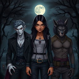 A striking scene featuring a girl with light brown skin and long, dark hair standing confidently in the center