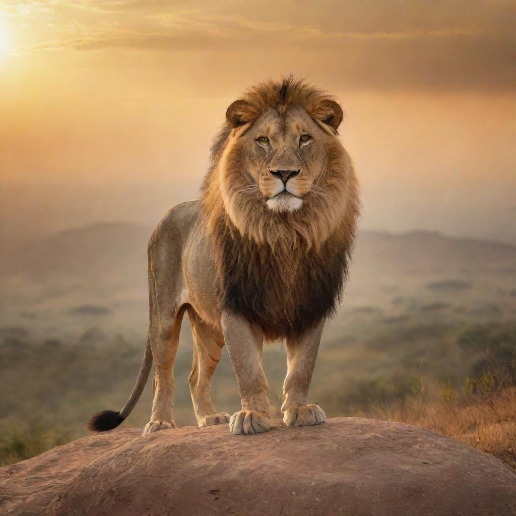 A majestic depiction of a lion, the 'King of the Jungle'. The lion stands regally atop a hill, overlooking its realm, radiating power and supremacy under the golden rays of the setting sun