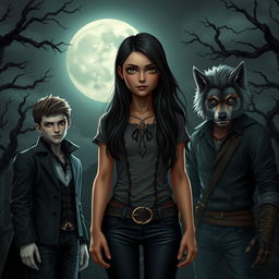 A striking scene featuring a girl with light brown skin and long, dark hair standing confidently in the center