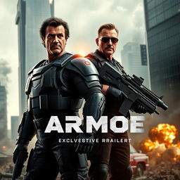 An epic promotional image for 'Armor - Exclusive Official Trailer (2024)' featuring Sylvester Stallone and Jason Patric ready for battle